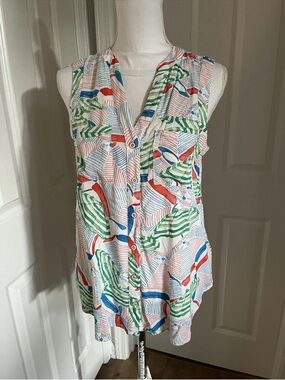 Maeve White Blouse with Red, Blue and Green Abstract Print